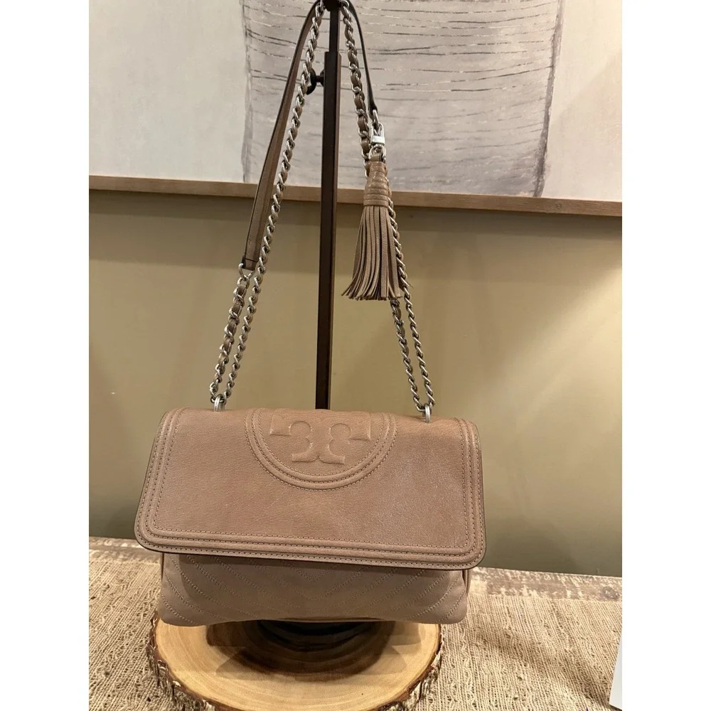Tory Burch Fleming Distressed Flap, Tassel Shoulder Crossbody Bag Taupe 458$